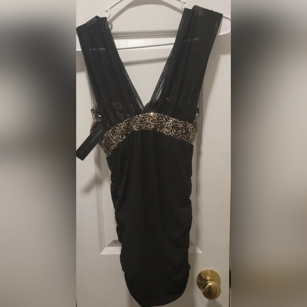NWT Zanzea Black Mesh Gold Sequin Sleeveless Ruched Dress Size Small